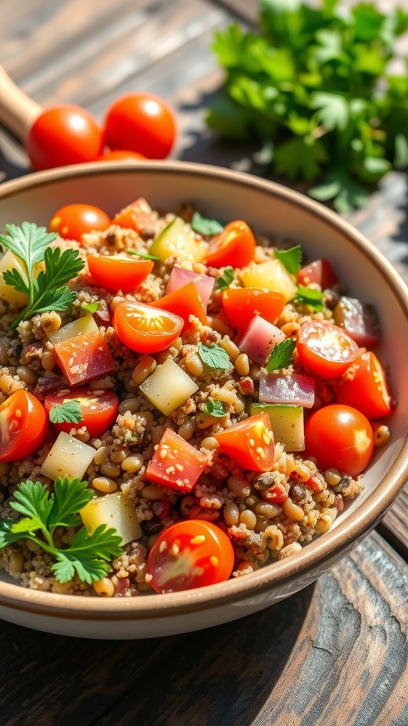 A colorful quinoa and lentil salad with bell pepper, cucumber, tomatoes, and parsley on a wooden table.